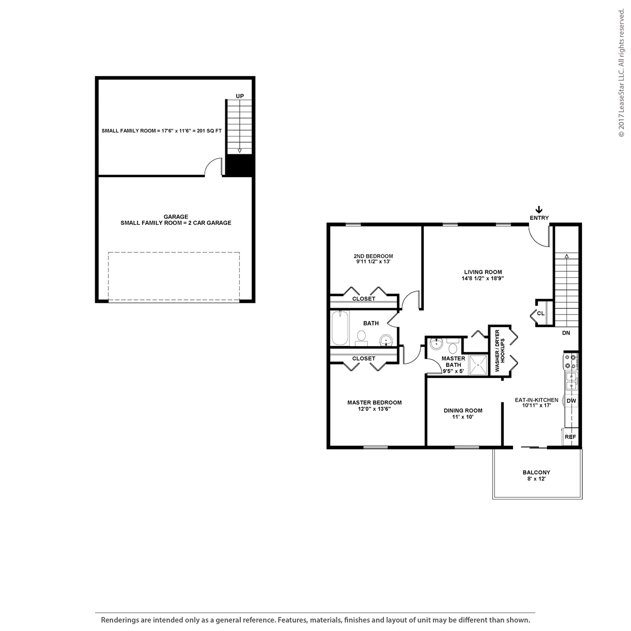 A floor plan of a two-bedroom apartment with a garage.